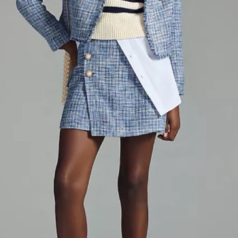 Maeve Blue Checkered Mini Skirt with Gold Buttons